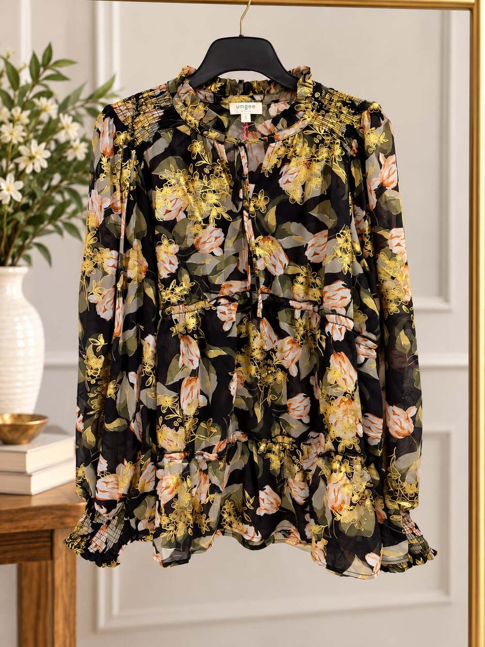 NWT Umgee boutique Floral Metallic Babydoll Blouse Sz L Black Gold